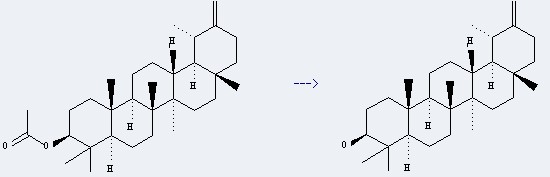 The Urs-20(30)-en-3-ol, (3beta,18alpha,19alpha)- could be obtained by the reactant of 3b-acetoxy-taraxast-20(30)-ene